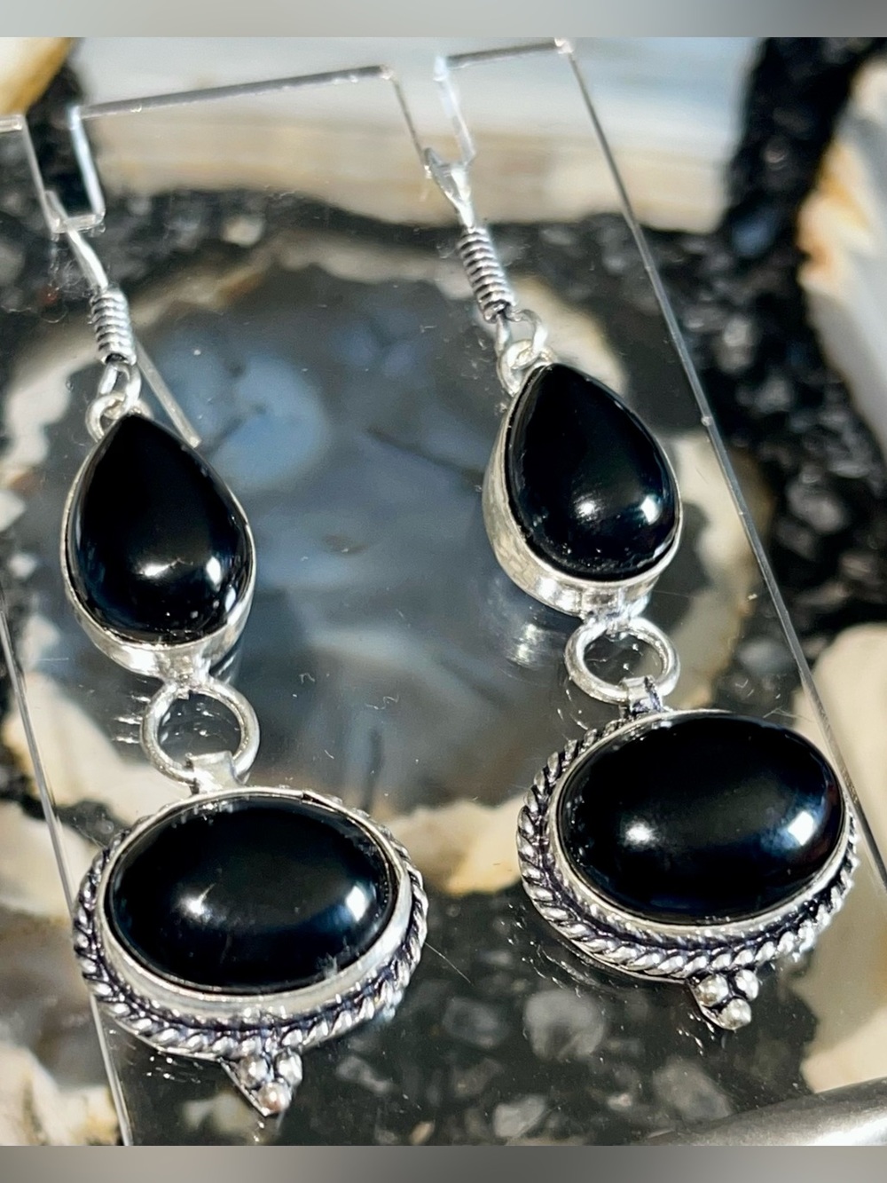 Black Onyx Crystal Earrings 2 1/2”